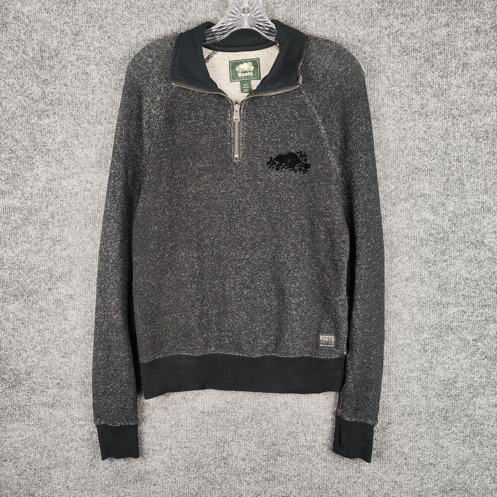 Roots Sweatshirt Mens Small Gray Quarter Zip Mock Neck Beaver Logo Fleece
